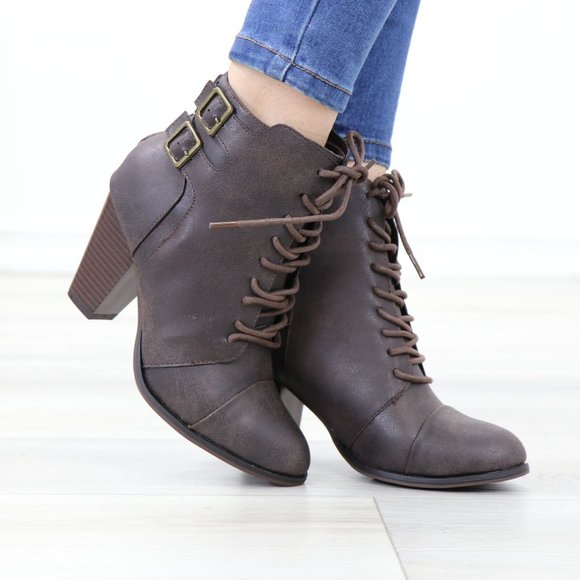 Lace-Up Brown Block Cone High Heeled Ankle Boots Pointed Toe - Picture 5 of 10